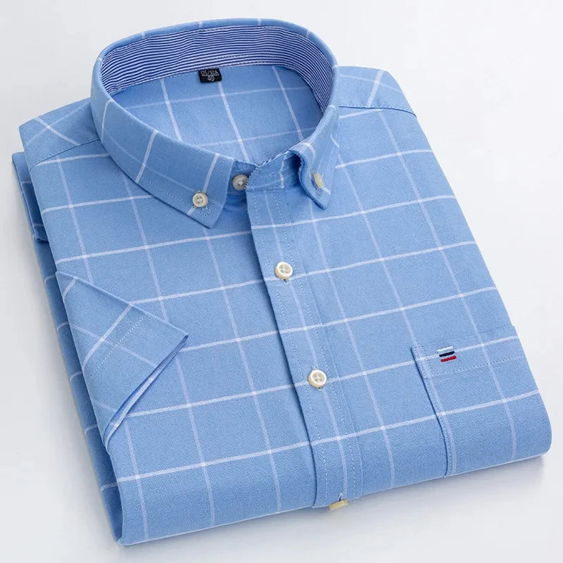 Men's high-quality Oxford cotton short sleeved shirt for summer comfort breathable classic solid color plaid business leisure Quick Pick Grocers